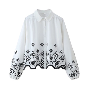 Floral Embroidery Blouse White Polyester Long Sleeve Scallop Hem Lapel Button Down Elegant Vacation Tops For Women