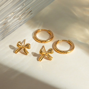 Minimalist Bowknot Stud And Hoop Earrings 18K Gold Plated Stainless Steel INS Style Elegant Jewelry For Women