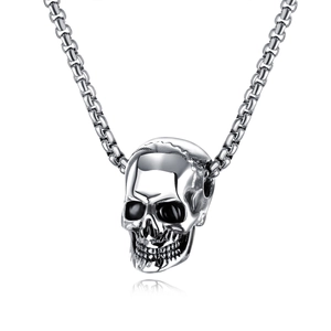 Classic stainless steel skull pendant necklace with silver box chain on white background
