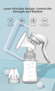 Detail view of manual breast pump with 150ml food-grade silicone bottle and soft nipple
