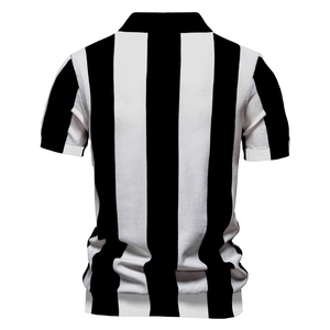Rear view of striped short sleeve knit polo shirt for men with black collar and cuff details