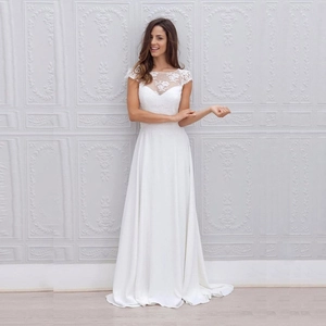 Lace Chiffon Wedding Dress A Line Backless Floor Length Bridal Gown For Women Round Neck Cap Sleeves Embroidery