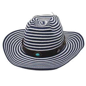 Detail of wide brim straw hat with blue stripes, leather band and turquoise bead