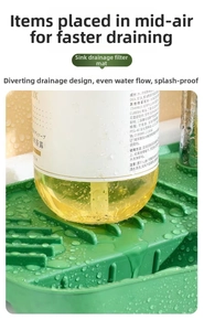 Detailed view of green silicone faucet mat with drainage ridges and water droplets
