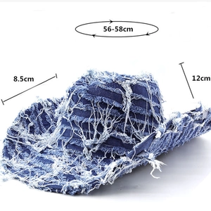 Detail view of denim cowboy bucket hat showing 56-58cm head size and 8.5cm brim dimensions
