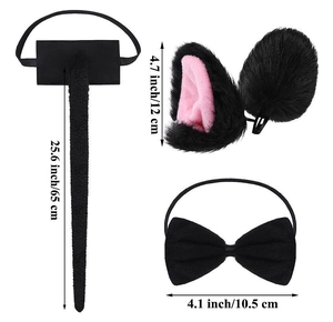 Detailed size specifications for black plush cat ear headband, bowtie, and long tail set