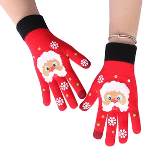 Red knit Christmas gloves with 3D Santa Claus pattern and touchscreen fingertips for winter