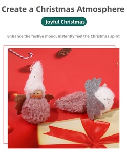 Close-up of plush Christmas angel ornaments with sequins wings and pink faux fur details