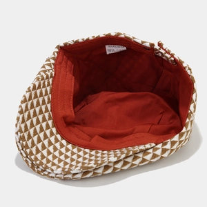 British style newsboy hat with brown triangle geometric weave and red lining