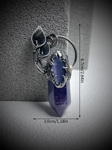 Retro silver pendant necklace with hexagonal amethyst crystal and leaf motif details