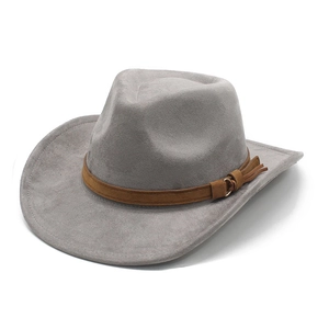 Close-up of grey felt cowboy hat with brown leather band and tassel detail on white background