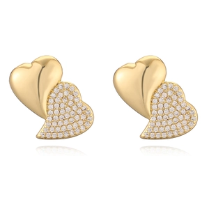 Elegant 18K gold plated heart stud earrings with sparkling cubic zirconia on white background