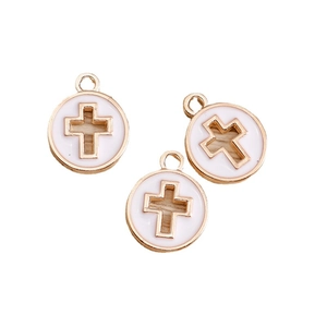Golden round cross charms with white enamel inlay for DIY jewelry making