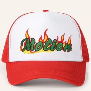 Red and white trucker hat with Motion flame embroidery and breathable mesh back