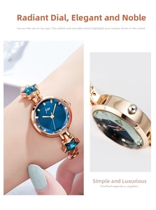 Detailed view of rose gold starfish bracelet watch with blue dial and crystal star accents