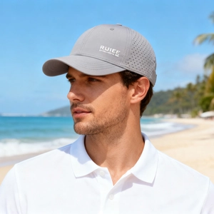 Grey quick-dry baseball cap with breathable laser-cut holes for outdoor sun protection
