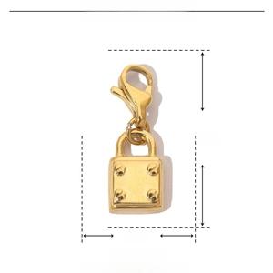 Detailed dimensions of gold stainless steel padlock pendant with lobster clasp and weight