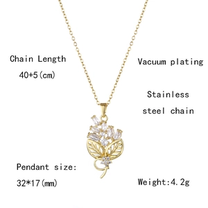Detailed view of 18K gold plated stainless steel floral pendant with zircon inlay