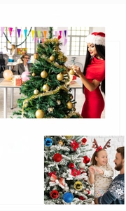 Detailed view of colorful Christmas ball ornaments set in various festive home and office settings