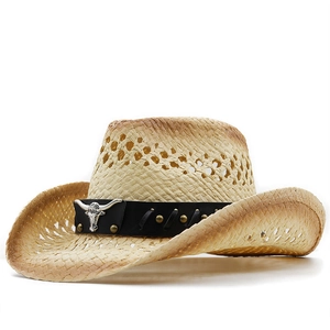 Classic straw western cowboy hat with cattle head emblem and hollow weave design
