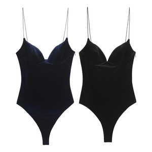 Velvet Bodysuit For Women Spaghetti Strap Deep V Neck Slim Fit High Cut Snap Crotch Sexy Sleeveless Top