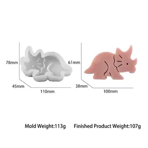 Gedetailleerde afmetingen van 3D triceratops siliconen vorm en de afgewerkte dierenkaars