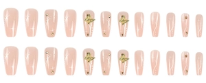 Detailed set of 24 nude pink ballet press on nails with rhinestones and gold butterflies