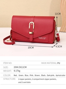 Detail view of red PU leather crossbody phone bag showing 19x4.5x11cm size and structure