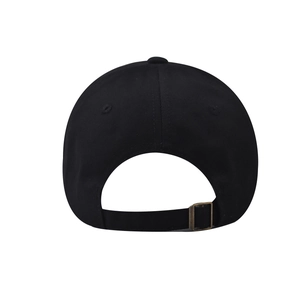 Detail view of cotton baseball cap back with adjustable bronze buckle and strap