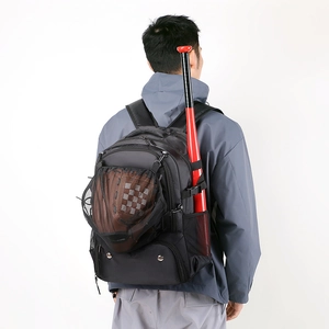 Detail of waterproof sports backpack with mesh pocket and baseball gear storage compartment