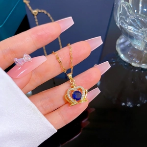 Titanium steel gold necklace with blue crown heart pendant and sparkling zircon stones