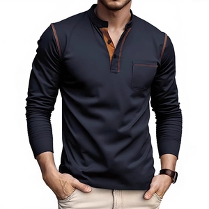 Men's navy long sleeve Henley shirt with contrast collar trim and breast pocket