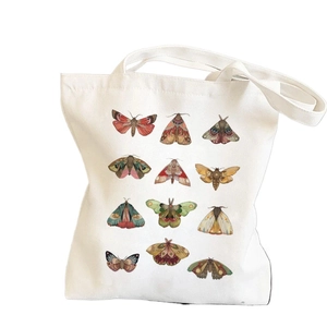 Vintage canvas tote bag with retro moth and butterfly botanical scientific illustration