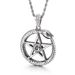 Pentagram Ouroboros pendant in silver stainless steel with Masonic G symbol