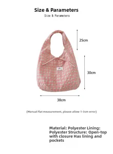 Size guide for the green plaid polyester tote bag showing handle height and width