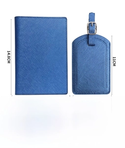 Detail view of navy blue cross-pattern PU leather passport holder with five card slots