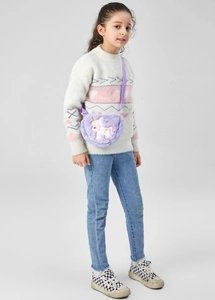 Cute plush heart crossbody bag for kids, soft fuzzy unicorn cartoon shoulder bag for girls.