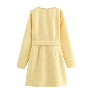 Elegant yellow tweed long sleeve dress with waist belt and fringe details, back view