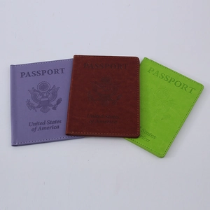 Three multi-functional PU leather passport covers in purple, brown and green colors