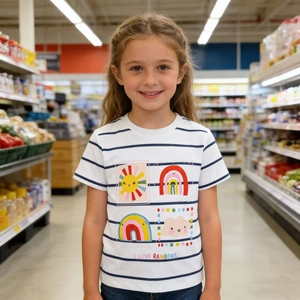 Kids Short Sleeve Cotton T-Shirt Striped Rainbow Sun Print Round Neck Breathable Summer Tops For Boys Girls