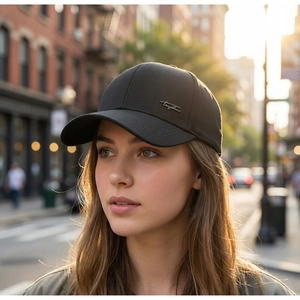 Close-up of black textured baseball cap with a cursive metal logo in outdoor setting