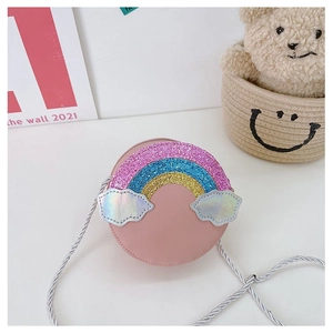 Detail of pink child crossbody bag with sequin rainbow and silver rope strap