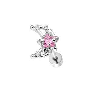 Sweet star and moon zircon ear studs in silver with pink stones and screw back design