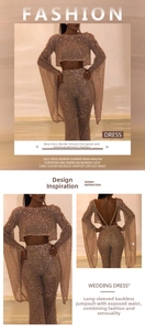 Detail of champagne sequin backless crop top and high waist flared trousers set