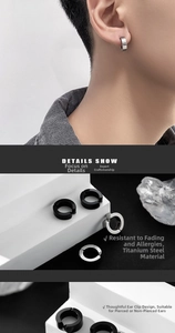Detail view of silver and black titanium steel clip-on earrings for non-pierced ears
