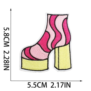 Detailed size view of pink and yellow embroidered high heel boot patch 5.5cm x 5.8cm