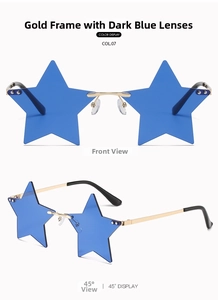 Detail view of rimless star-shaped sunglasses with gold frame and dark blue ocean lenses