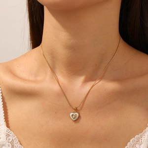 Heart Pendant Necklace 18K Gold Plated Stainless Steel Snake Chain With Cubic Zirconia White Inlay Elegant Jewelry For Women