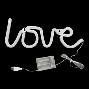 White LED Love neon sign detail showing USB plug, battery box, and hanging holes