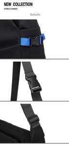 Detailed views of nylon bag featuring black buckle and blue decorative webbing accents